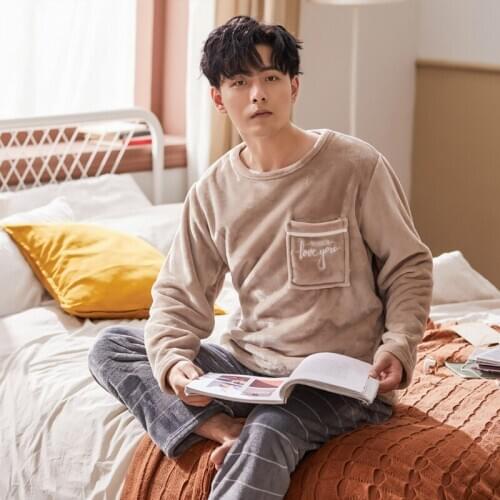 New Autumn Winter Thick Warm Mens Pajamas Set Flannel Pyjama Homme Long Sleeve Casual Soft Plus Size L-3XL Male Sleepwear Suit