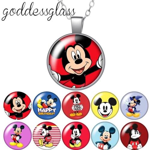Disney Mickey Mouse Cute Round Glass glass cabochon silver plated/Crystal pendant necklace jewelry Gift