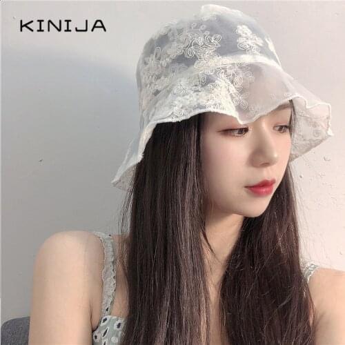 Women Panama Lace Transparent Embroidered bucket hat girl Flower Sun Hat Korean Fisherman Cap Japanese beach hat solid basin hat