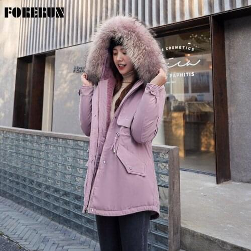 FORERUN Womens Winter Parka Large Fur Hooded Velvet Puffer Jackets Cotton Padded Slim Waist Warm Elegant Overcoat Dropshipping