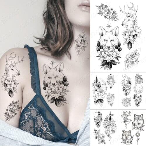 Waterproof Temporary Tattoo Sticker Line Fox Deer Flowers Flash Tattoos Lion Cat Tiger Snake Wolf Body Art Arm Fake Tatoo Women