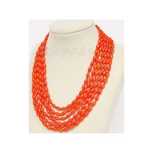 Genuine 16"-21" 6row olivary orange coral necklace E2511 >Factory Wholesale price Women Giftword JewelryLuxury Ms. girl Wedding