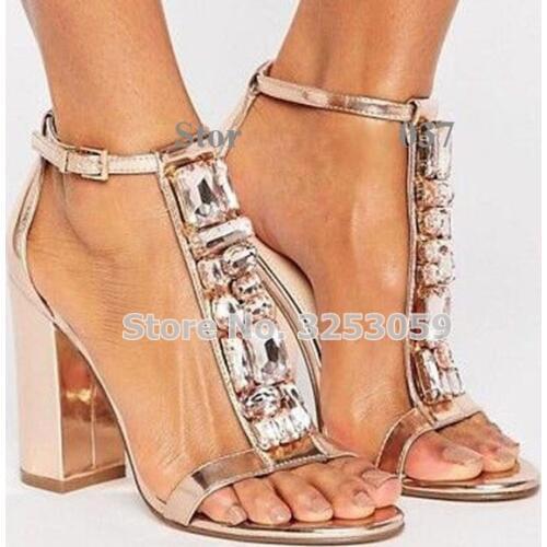 ALMUDENA Rose Gold Patent Leather Beaded Sandals Chunky Heels T-bar Strap Shining Jewelry Wedding Shoes Rose Gold Heels Pumps