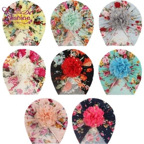 Nishine Comfortable Soft Polyester Cotton Infant Hat Fashion Golden Dots Flower Baby Caps Children Floral Headwear Birthday Gift