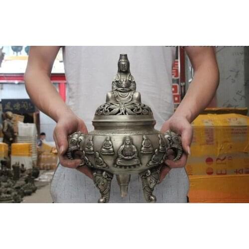 Tibet White Copper Silver Kwan-yin Bodhisattva Elephant Incense Burner Censer