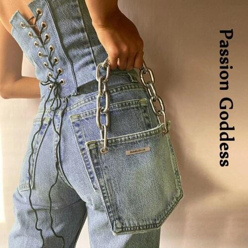 Streetwear Women Denim Corset Tubes Chain Bag Sleeveless Slim Low-cut Vest Backless Bandage Corset Tops Party Cowgirl Crop Tops