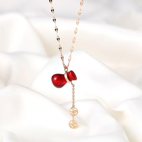 Vintage Red Crystal Purse Pendant Rose Gold Color Stainless Steel Short Necklace For Women Party Birthday Gift Jewelry Femme