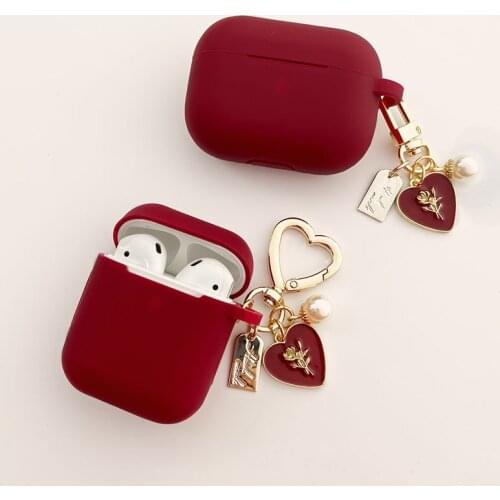 Vintage Roses Pearl Keychain Wine Red cute silicone Case For Apple Airpods 2 1 For Air pods Pro Wireless Earphone soft Cover Box
