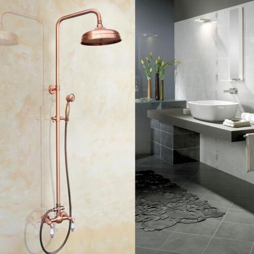 Vintage Retro Red Copper Wall Mounted Bathroom 8" inch Round Rain Shower Faucet Set Dual Ceramic Handle Mixer Tap arg551