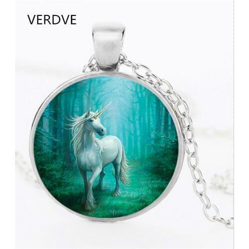 VERDVE NEW 3 colors fashion white unicorn art photo vintage pendant chain vault chain jewelry woman girl