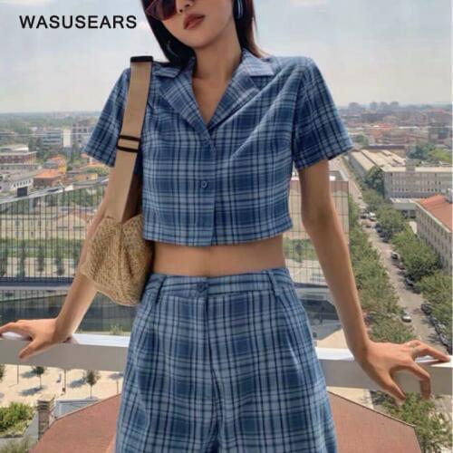 Summer womens tops and blouses harajuku cute crop top women vintage button up shirt plaid shirt women korean boho clothing