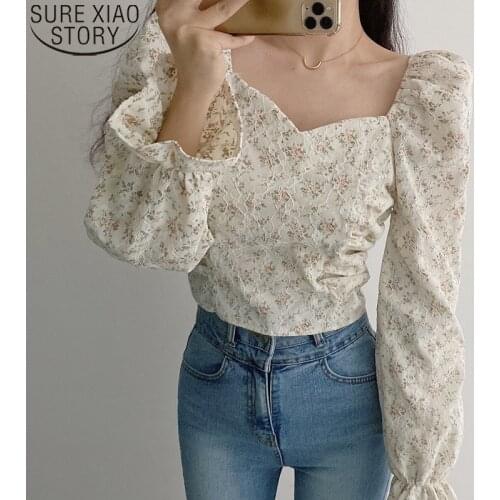 Puff Sleeve Women Shirts Floral Casual Vintage 2021 Spring Chic Lace Women Blouse and Tops Square Collar Female Clothing 14303