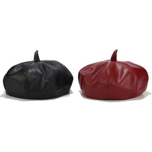 Beret hat women PU solid color beret Pumpkin hat women autumn and winter eavesless octagonal hat simple warm hat