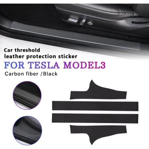 4psc/Set Leather Car Door Threshold Stickers For Tesla Model 3 2017-2021/model y Door Sills Protector Decals Accessories