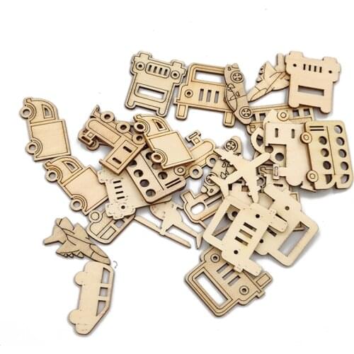 30pcs Wooden Transportation Shapes Wood Cutout DIY Assorted Cartoon Wood Slice Wood Piece for Craft Making