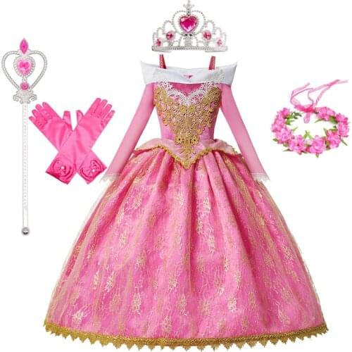 Girls Aurora Dress Halloween Cosplay Sleeping Beauty Princess Dresses Christmas Costume Party Birthday Gift Pink Dress 3-10 Year