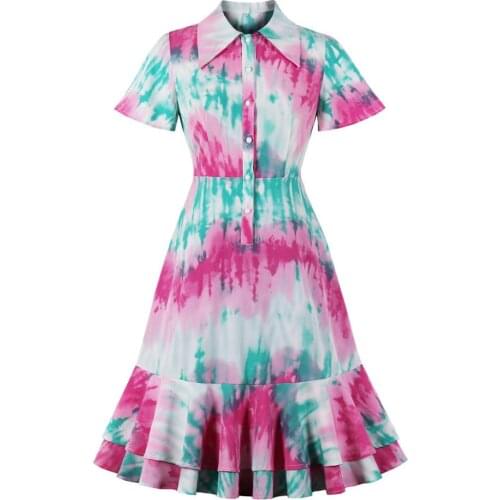 Elegant Party Short Office OL Party Ruffles Dress Tie Dye Printed Short Sleeve Summer Retro Vintage Plus Size SP1296