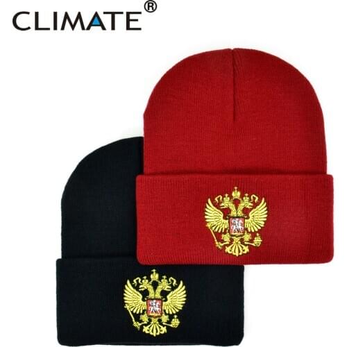 CLIMATE Men Russia Winter Hat Skullies Russian National Day Emblem Beanie Skullies Men Women Warm Knitted Hats Cap for Men Women