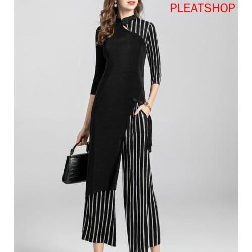 Xie Kou Striped Suit Diagonal Stripe Suit Miyake Pleated Wide Leg Pants Long Shirt Two-piece Set