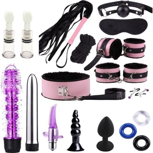 Leather Plush SM Sexy Erotic Toy Handcuff Suit Sex Toys Adult Goods Suit Whip Vibrators Nipple Massager Ring Kit Set 17PCS D