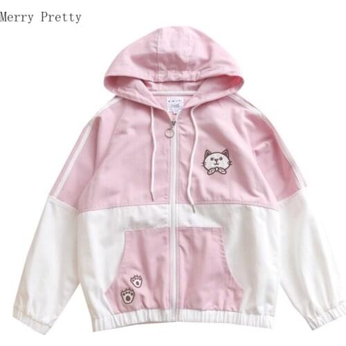 Women Cartoon Cat Embroidery Patchwork Jackets Coats Jacket Zipper Korean Jackets Long Sleeve Casual Outerwear Female Tops
