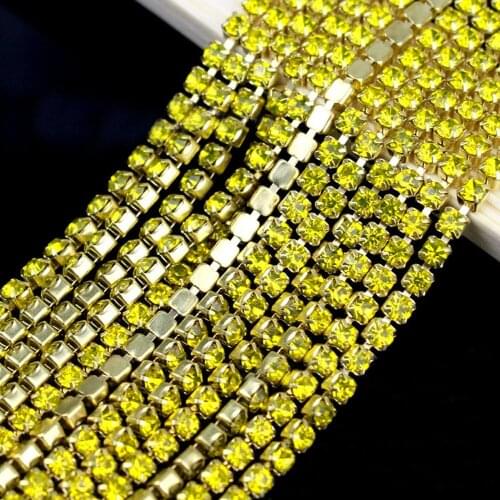 Lemon Yellow 1Meter/piece 14colors glass crystal Rhinestone Chain gold bottom sew on Cup Chains For diy Garment Bags decoration