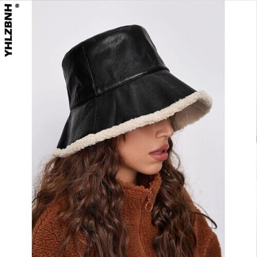 Fashion Winter Warm Womens Black PU Leather Cap For Ladies Hats Bonnets For Unisex Mens Hats Brand Bucket Hat