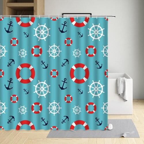 Maritime Blue Anchor Shower Curtain Creative White Lifebuoy Rudder Waterproof Cloth Bathroom Decor Bath Screen With Hooks