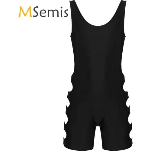 Mens Lingerie Hollow Out Bodysuit Sleeveless Gymnastic Leotard Slim Fit Jumpsuit Exercise Cycling Solid Color Workout Fitness