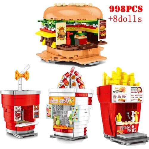 City Street View Hamburger Ice cream Food Store Model Building Blocks Creative Architecture Bricks Children Educational Toys