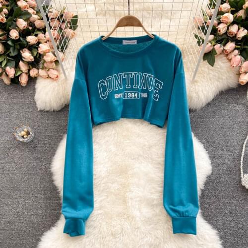 2021 Fall Women Hoodies O Neck Pullovers Solid Color Long Sleeve Short Tops Autumn Girls Basic Letter Print Crewneck Sweatshirt