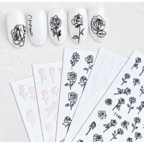 2021 Fall Hot Sale Rose Flower Nail Sticker Black White Flower Adhesive Solid Rose Gold Hollow Designer Nail Decal For Manicure
