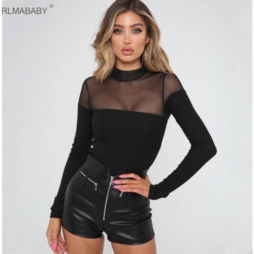 RLMABABY Sexy Mesh Panel Ribbed Patchwork Bodysuit Women O Neck Long Sleeve Rompers Jumpsuit Overalls Christmas Party Bodysuit