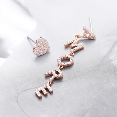 Luxu Stud Earrings for Women Gold Silver Color Long AMORE Letters Small Cute CZ Heart Asymmetric Earrings Piercing Jewelry 2020