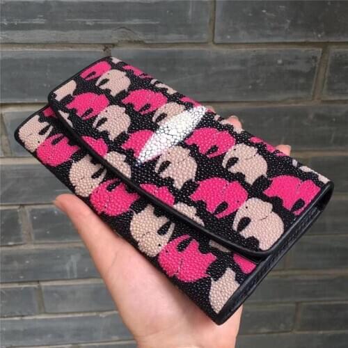 Authentic Real True Stingray Skin Lady Long Trifold Wallet Genuine Leather Women Elephant Clutch Purse Female Large Card Holders