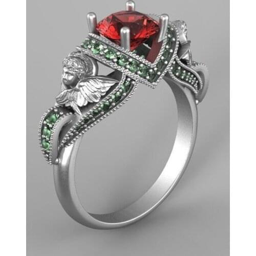 Gorgeous S925 Silver Plated Cupid Ring Angel Wings Geen Red CZ Stone Rings for Men Women Wedding Party Love Jewelry Gift K5C342