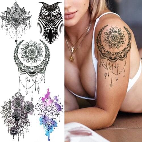 Fake Jewelry Chains Temporary Tattoos For Women Girl Black Owl Tatoo Sticker 3D Rose Lotus Waterproof Sexy Tattoo Paper