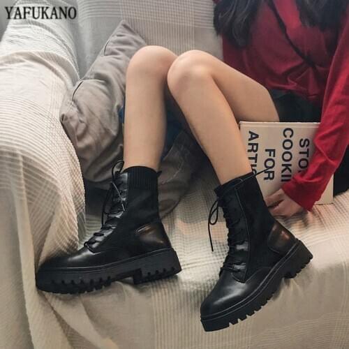 Knit Elastic Fabric Martin Boots 2020 Autumn New British Style Black Increased Short Boots Fashion Round Toe Women Ankle Boots