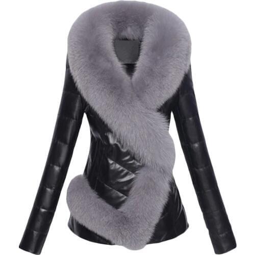 Women Imitation Faux fox fur collar PU Leather Jacket Winter Short Leather Jackets Plus size Womens Fur stitching Jackets F1083