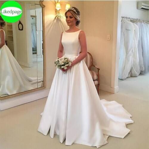 White Satin Wedding Dresses 2020 Vestidos De Novia A Line Backless Simple Bridal Gowns Vestido De Casameto Cheap Robe De Mariage