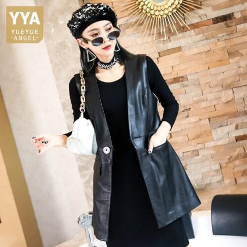 Office Ladies Slim Fit Sleeveless Waistcoat Single Button V Neck Genuine Leather Vests New Spring Casual Women Long Vest Jackets