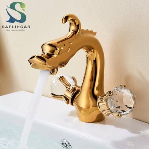 Gold/Chrome Bathroom Basin Faucet Golden Dragon Mixer Tap With Double Crystal Handle Copper dragon Faucets Deck Mounted Crane