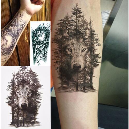 1Pcs Waterproof Temporary Tattoo Sticker Multi Styles Water Transfer Fake Tattoo For Women Men Clock Wolf Forest Tattoo Stickers