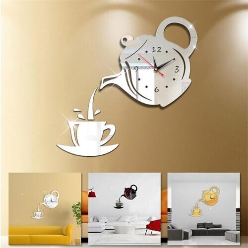 3D Wall Clock Wall Stickers Acrylic Coffee Cup Teapot Self Adhesive Mirror DIY Wall Clock Kitchen Home Living Room Decorative