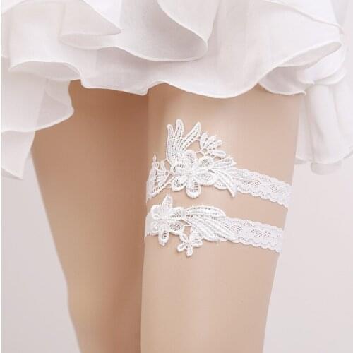 White Lace Embroidery Floral Beading Sexy Wedding Garters 2pcs set for Women Bride Accessories Thigh Ring Bridal Leg Garter 5418