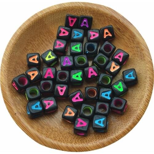 Free Shipping 1900PCS/Lot Colorful Single Letter A Printing Black Cube Acrylic Alphabet Beads Big Hole DIY Jewelry Bracelet Bead