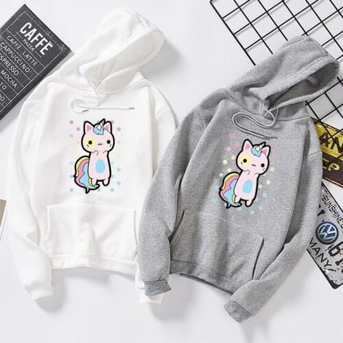 Black White Cat Kawaii Hoodie Poleron Mujer 2019 Kangaroo Pocket Hoodie Cute Pink Winter Pullover Oversized Sweatshirt Cat Women
