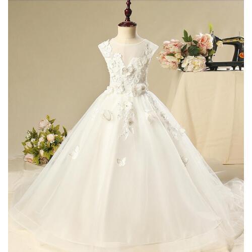 Long Trailing Girl Wedding Dresses White Tulle Bead Butterfly First communion Gown Kids Evening Formal Princess Tutu Dress