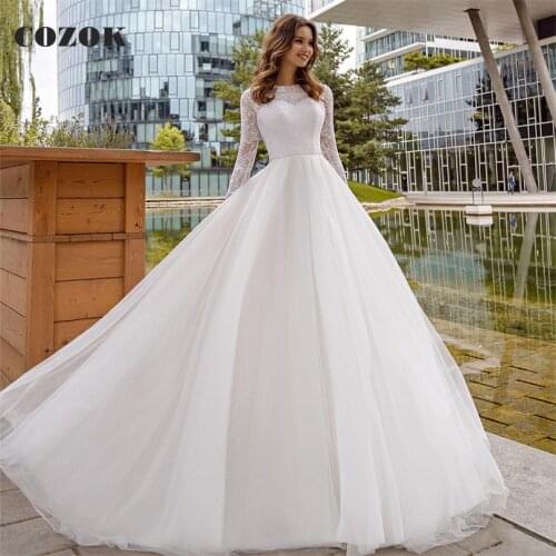 Elegant A-line Log Sleeve Tulle Lace Crystal Belt Wedding Dresses Formal Simple Bride Wedding Gowns Custom Size CZ67