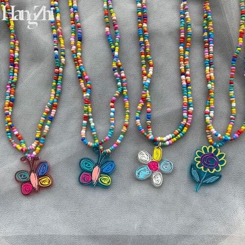 HANGZHI 2021 New Korean Rainbow Color Beige Beads Double Layer Flower Butterfly Necklace for Women Girls Summer Party Jewelry